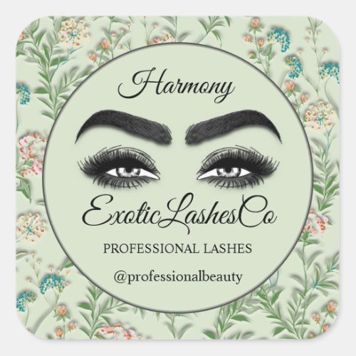 Makeup Eyelash Packaging Cleaner Florals Green  Square Sticker