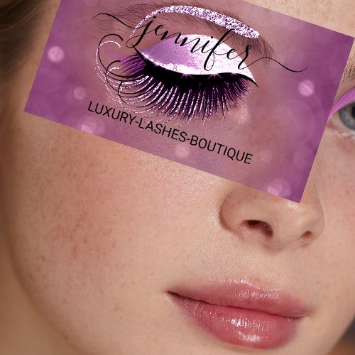 Makeup Eyelash QR Code Logo Glitter Berry  Pink Business Card