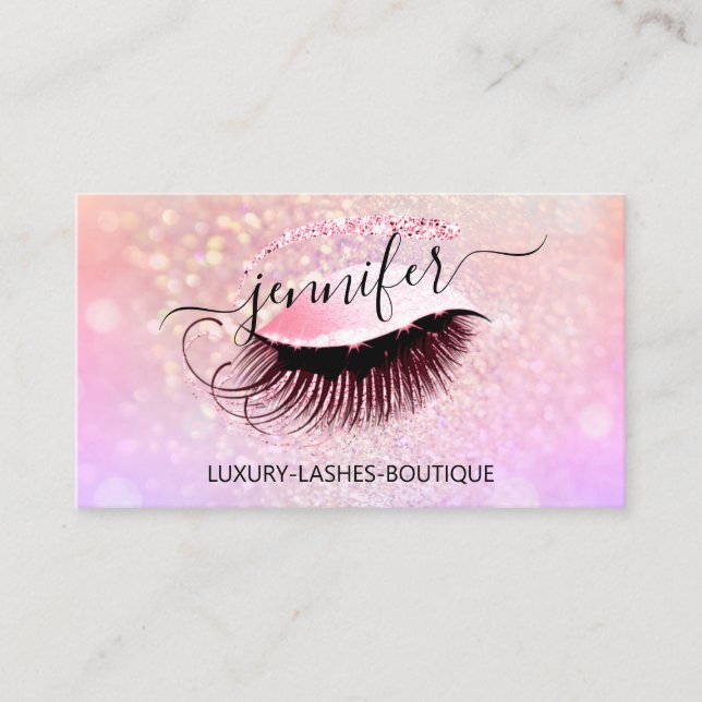 Makeup Eyelash QR Code Logo Glitter Brow Pink Business Card (Front)