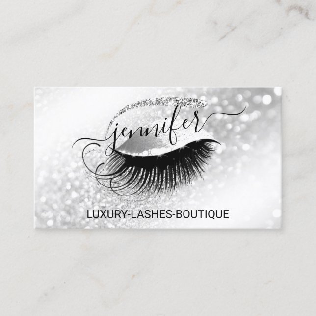 Makeup Eyelash QR Code Logo Glitter Gray  Silver Business Card (Front)