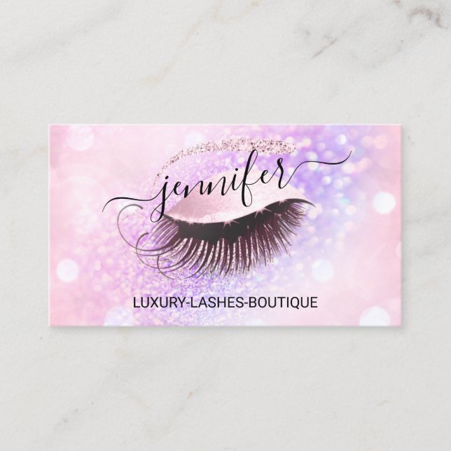 Makeup Eyelash QR Code Pink Glitter Eye Purple Business Card (Front)