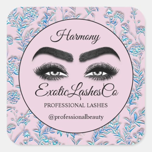 Makeup Eyelash SPA Cleaner Floral Blue Pink Square Sticker