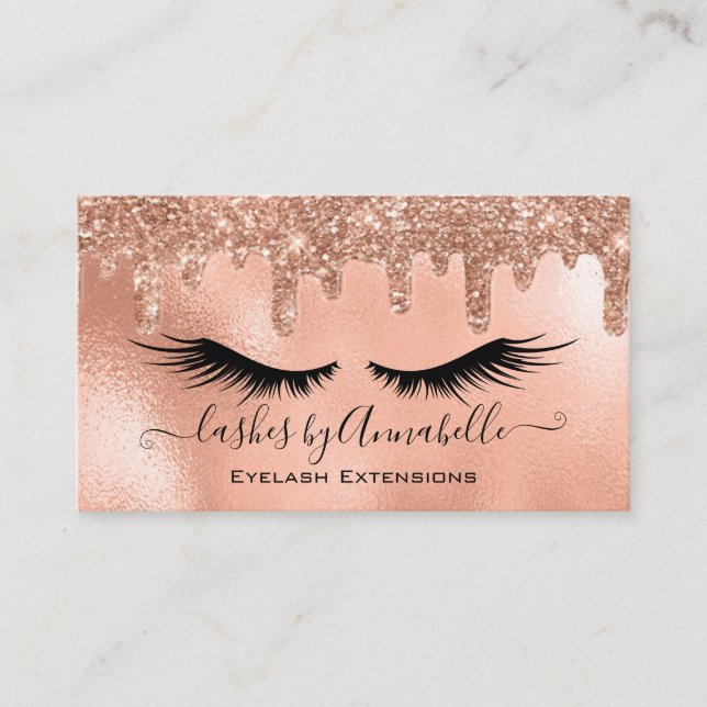 Makeup EyeLashes Sparkle Glitter Drip Blush Gold Business Card (Front)