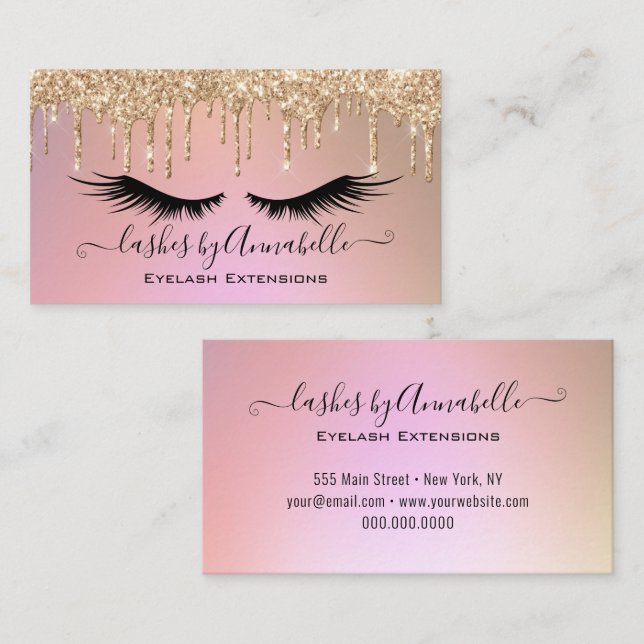 Makeup EyeLashes Sparkle Gold Glitter Drip  Busine Business Card (Front/Back)