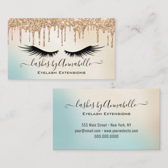 Makeup EyeLashes Sparkle Gold Glitter Drip  Business Card (Front/Back)