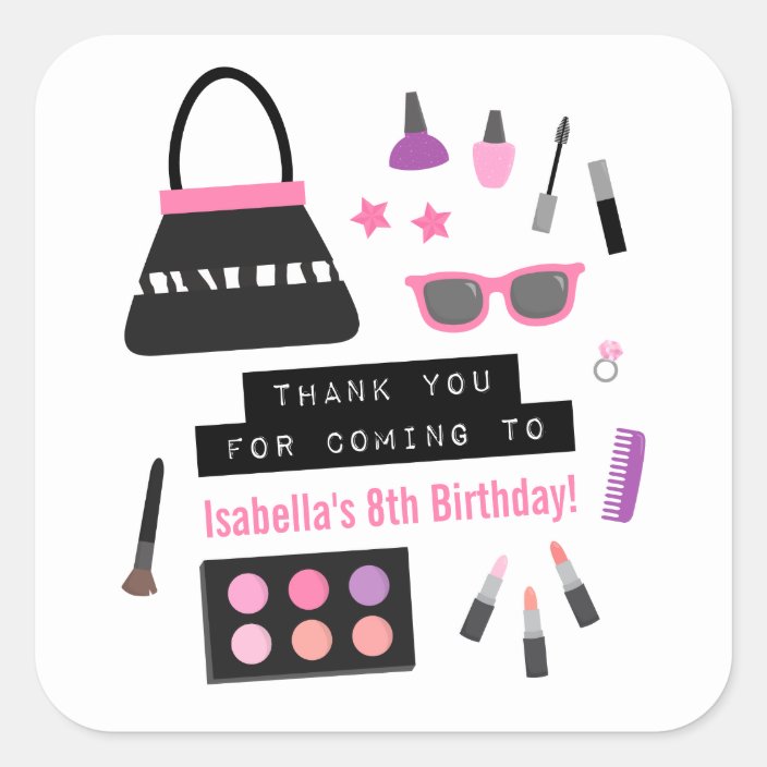 Square Personalized Birthday Party Stickers Makeup Party Birthday Party