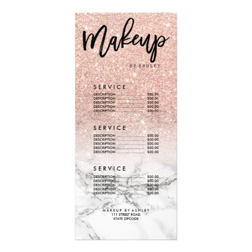 Makeup faux rose pink glitter marble price list rack card