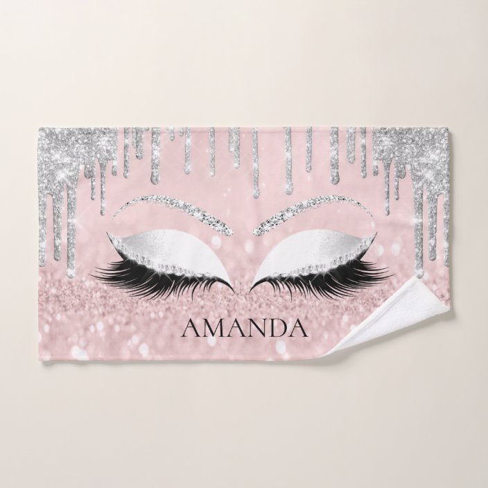 Makeup Glitter Eyes Drips Silver Pink Custom Name Hand Towel Zazzle