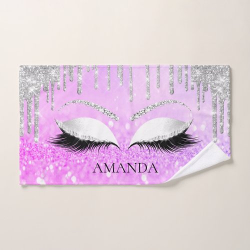 Makeup Glitter Eyes Drips Silver Pinky Custom Name Hand Towel