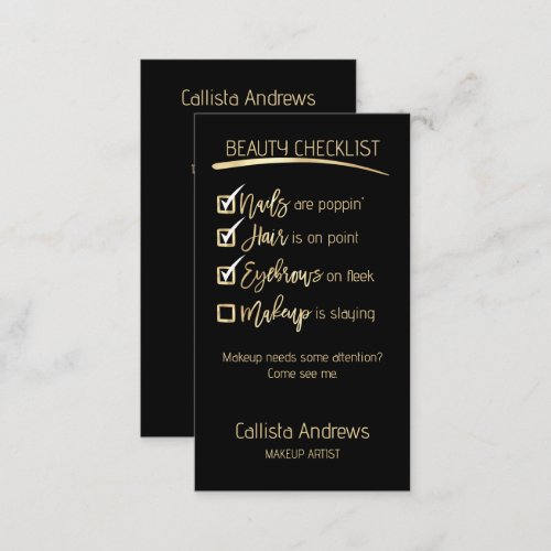 Makeup Gold Black Beauty Checklist Business Logo Appointment Card