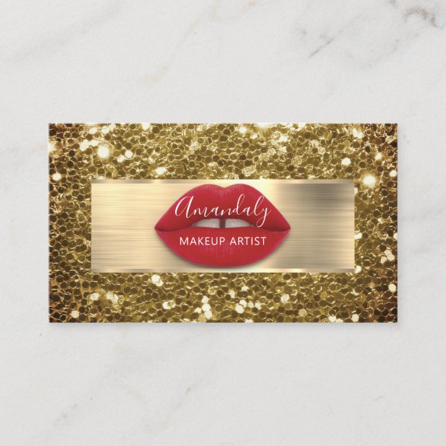 Makeup Gold Glitter QR Code Logo Red Lips Business Business Card (Front)