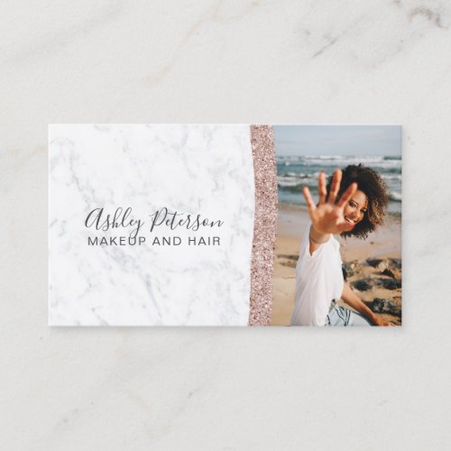 Makeup hair chic rose gold glitter marble photo business card