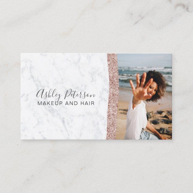 Makeup hair chic rose gold glitter marble photo business card (Front)