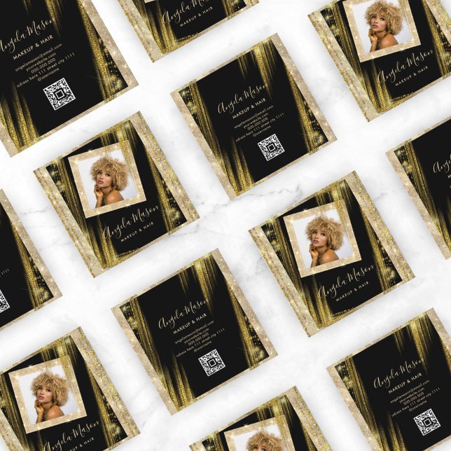 Makeup Hair Custom Photo QR Code Black Gold Unique Square Business Card (Creator Uploaded)