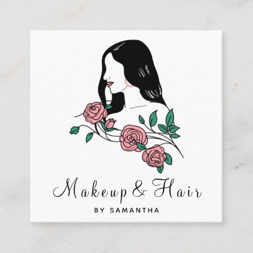 Makeup  Hair Drawn Woman Floral Illustration Cute Square Business Card
