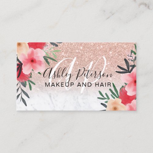 Makeup hair floral marble rose gold glitter business card