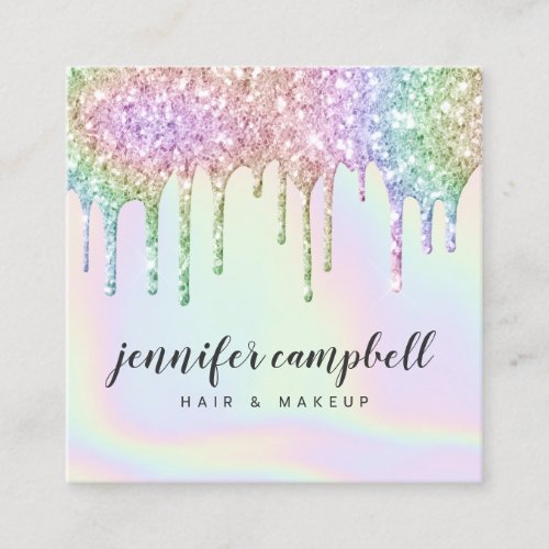 Makeup hair holographic unicorn glitter drips chic square business card