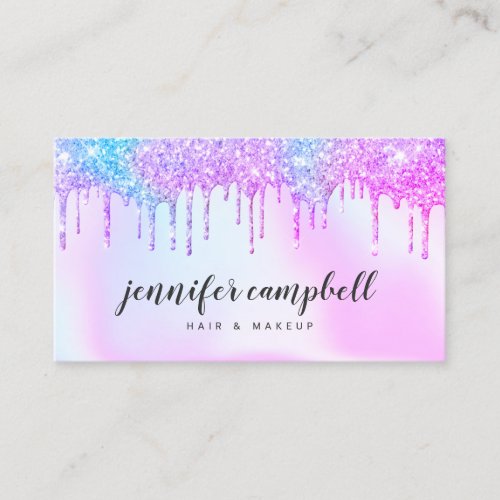 Makeup hair holographic unicorn pink glitter drips business card