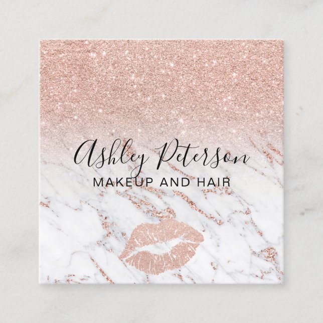 Makeup hair marble rose gold glitter lips square business card (Front)