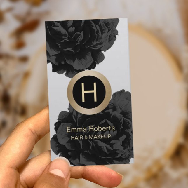 Makeup & Hair Modern Monogram Black & Gold Floral Business Card (Creator Uploaded)
