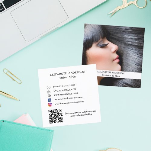 Makeup hair photo QR code social media Square Business Card