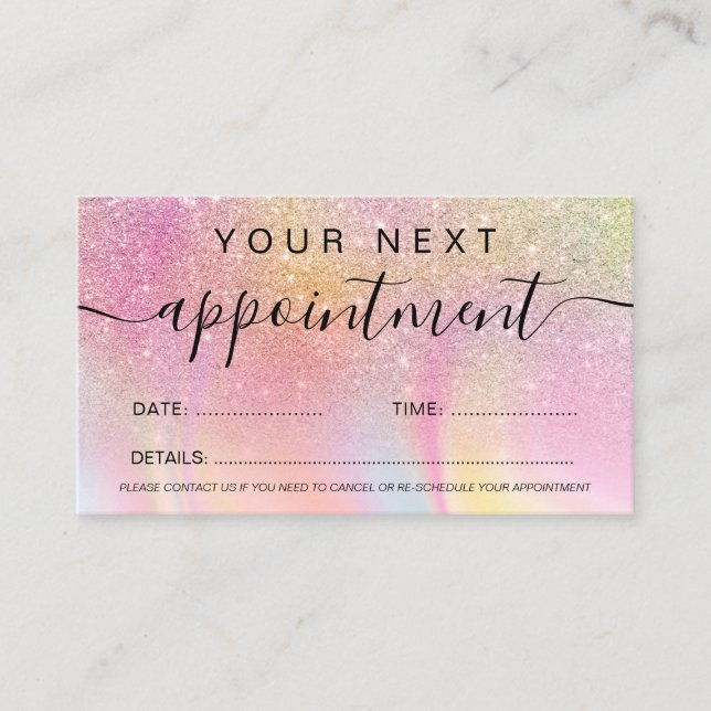 Makeup hair pink glitter rainbow unicorn marble appointment card (Front)