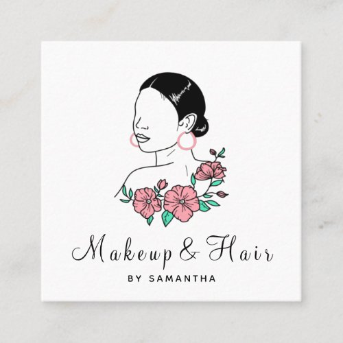 Makeup  Hair Pretty Latina Woman Floral Lady Girl Square Business Card