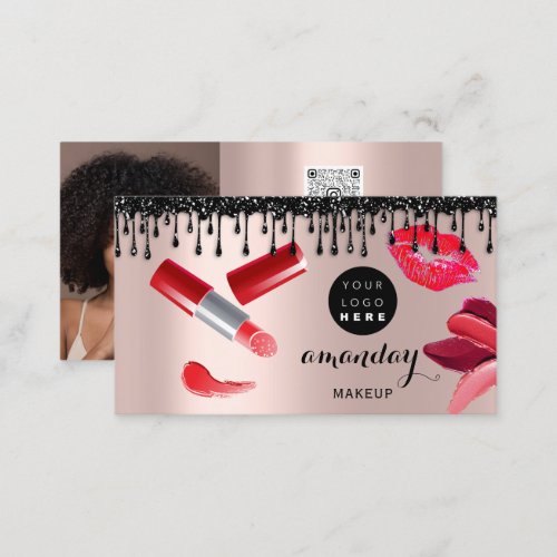 Makeup Hair Red Lipstick Custom Photo QR Shop  Business Card