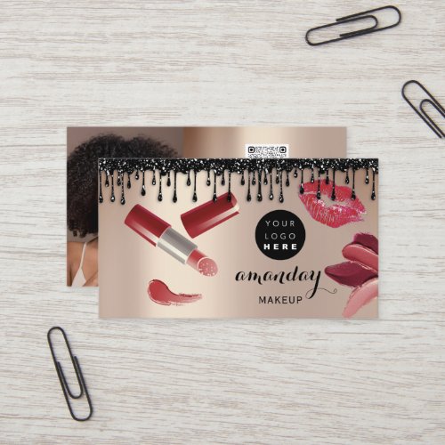 Makeup Hair Red Lipstick Rose Photo QR Shop Business Card