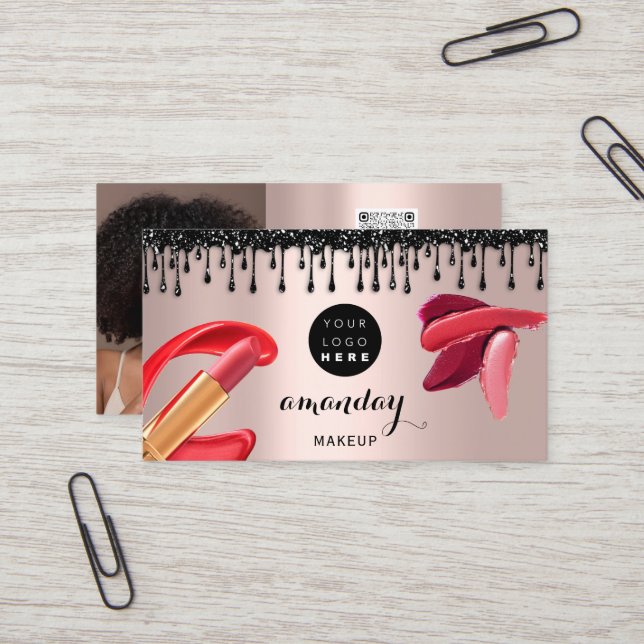 Makeup Hair Red Lipstick Silver Photo QRCode Gloss Business Card (Front/Back In Situ)