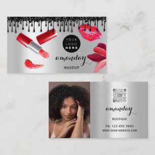 Makeup Hair Red Lipstick Silver Photo QRCode Shop Business Card