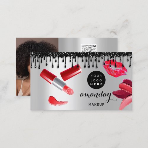 Makeup Hair Red Lipstick Silver Photo QRCode Shop  Business Card