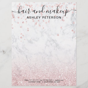Makeup hair rose gold glitter marble confetti letterhead