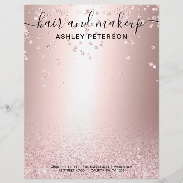 Makeup hair  rose gold glitter metallic confetti letterhead (Front)