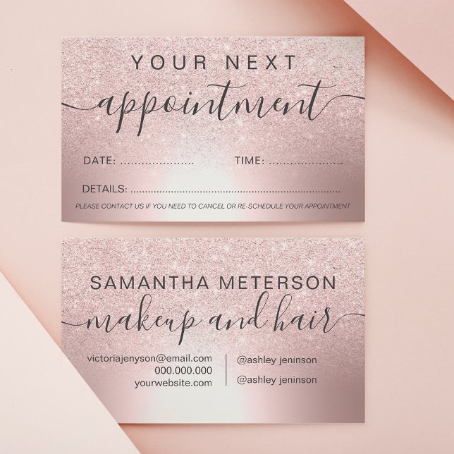 Makeup hair Rose gold glitter ombre metallic foil Appointment Card (Creator Uploaded)