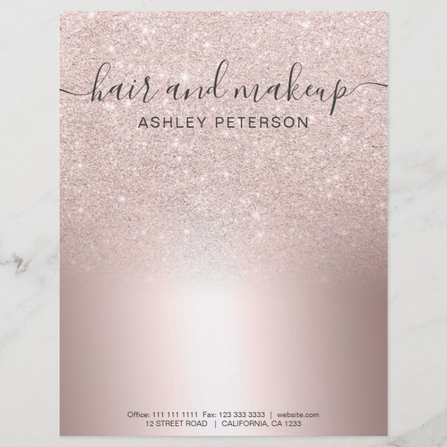 Makeup hair Rose gold glitter ombre metallic foil Letterhead (Front)