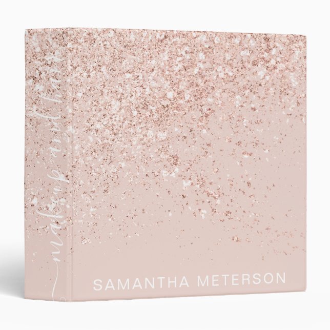 Makeup hair rose gold glitter pastel blush pink 3 ring binder (Front/Spine)