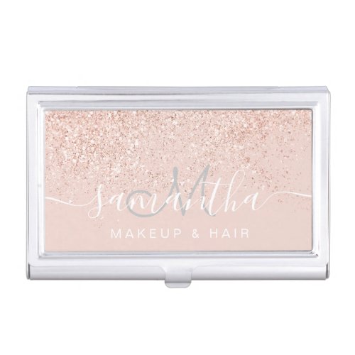 Makeup hair rose gold glitter pastel blush pink business card case