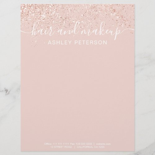 Makeup hair rose gold glitter pastel blush pink letterhead