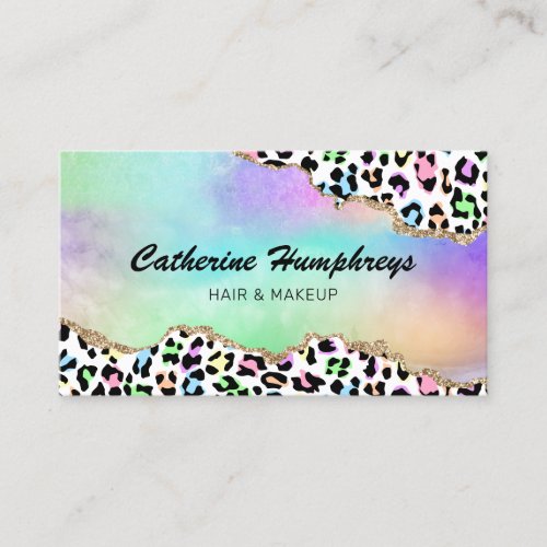 Makeup & Hair Salon Leopard Print Business Card - Funky colorful business cards featuring a multi-colored leopard print background, a rainbow ombre centre with gold glitter edges, your name, title, contact details, and social media icons. The icons can be removed by clicking on personalize and then tap to customize further.