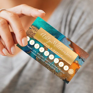 Makeup hair salon marble watercolor gold turquoise loyalty card