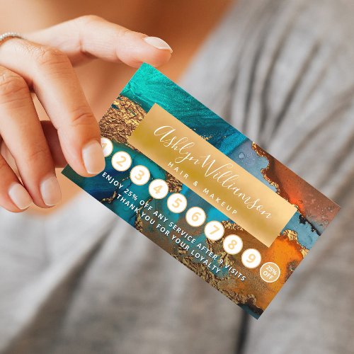 Makeup hair salon marble watercolor gold turquoise loyalty card
