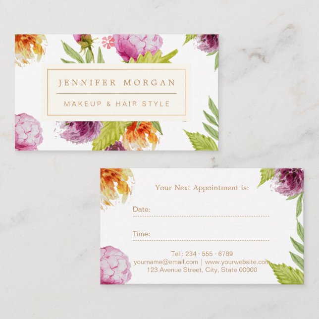 Makeup Hair Salon Watercolor Floral Appointment Card (Front/Back)