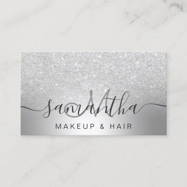 Makeup hair silver glitter ombre metallic foil business card (Front)