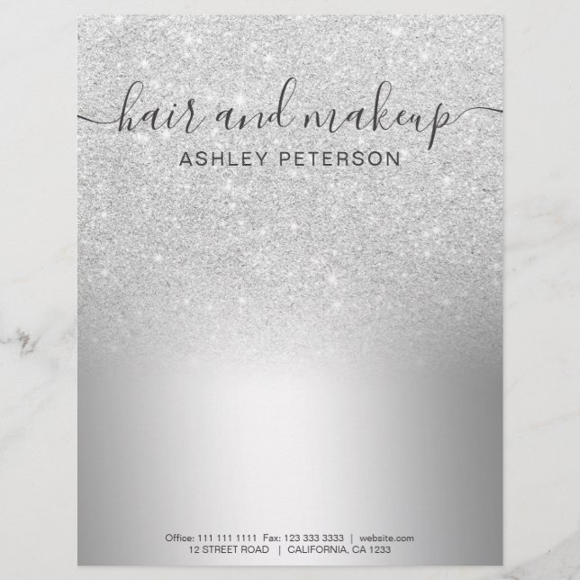 Makeup hair silver  glitter ombre metallic foil letterhead (Front)