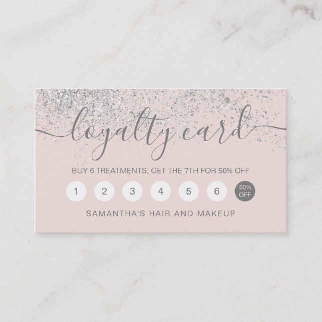 Makeup hair silver glitter pastel blush pink loyalty card (Front)