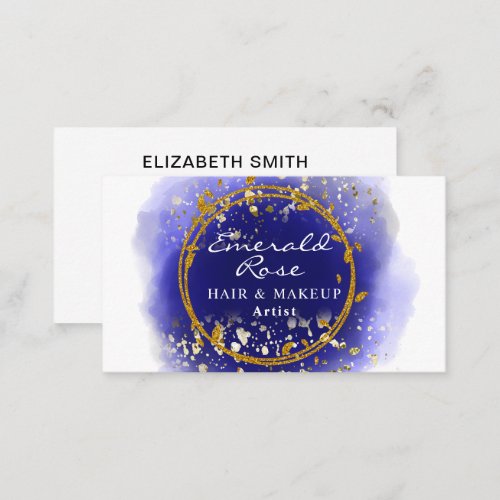 Makeup  Hair Stylist Artist Script blue and Gold Business Card