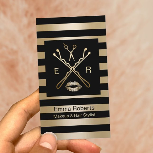 Makeup & Hair Stylist Elegant Black & Gold Stripes Business Card (Creator Uploaded)