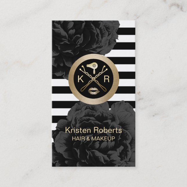 Makeup & Hair Stylist Modern Stripes Black Floral Business Card (Front)