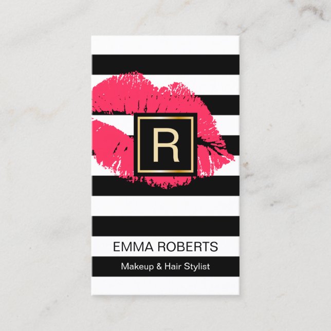 Makeup & Hair Stylist Red Lips Modern Stripes Business Card (Front)